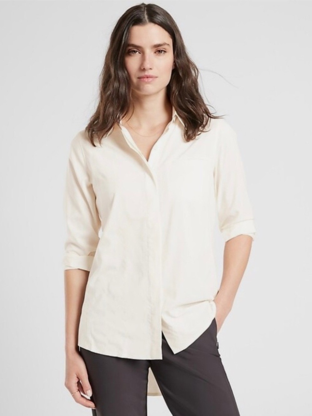 Athleta Urbanite Herringbone Textured Button Front Blouse